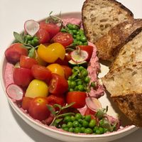 Bread was perfect. Pink hummus and these colorful vegetables are what you need on your plate everyday!  at Pinch Brunch Bar in Seoul