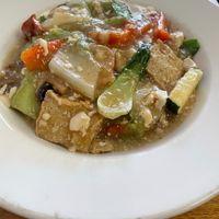 Combination Hor Fun noodles.  Tofu, shrimp and pork at Loving Hut in Richmond