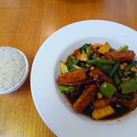 The tempeh dish had a bit of tofu and a lovely soy+chilli sauce at Loving Hut in Richmond