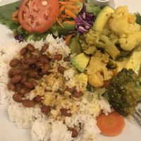 Vegetable stuffed avocado with rice and beans at Café El Punto in San Juan