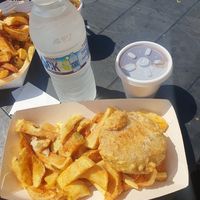 Chips and patty at Papa's Fish & Chips in Scarborough