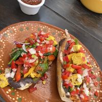 Molletes con chorizo y tofu  at NorthSide Cafe in Sayulita