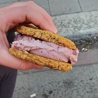 Strawberry ice cream in an oatmeal cookie sandwich at Honey's in Toronto
