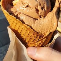 Rocky road ice cream in a waffle cone at Honey's in Toronto