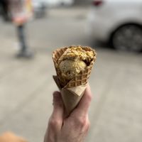 Pumpkin ice cream (october flavour) in an oat waffle cone.  at Honey's in Toronto