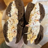 Huge amount of sun-dried tomato cream cheese   at Bagelsmith in Brooklyn