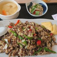 NTD180, cumin fried rice with mushrooms and green bell peppers without egg, 孜然菇菇青椒炒飯 (very strong cumin flavor) at Yǒujī Dàdì 有機大地健康蔬食餐廳 in Jiaoxi