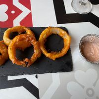 Onion rings vegan (the sauce it’s vegetarian)  at Porta 35 in Aveiro