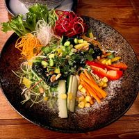 One of the bowls of the day, with warm-cold glass noodles, vegetables and amazing tofu rolls at Ban Vegan in Berlin