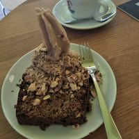 Banana bread topped with peanut ice cream. at Keep Bañana in Munich