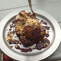 Choco banana cake with toppings and stracciatella and choco icecream at Keep Bañana in Munich