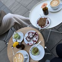 cappuccino 2x, matcha affogato 2x, 1x banana bread and 1x raw chocolate cake with cherry cream and whipped cream   at Keep Bañana in Munich