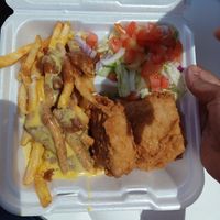 Fried chicken with chili cheese fries and salad at Doomie's Home Cookin' in Hollywood