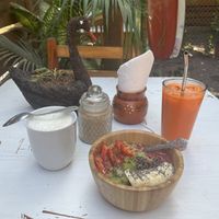 Açai bowl, soy cappu and carrot juice! SO GOOOD!!!  at Flores & Colores in Sayulita