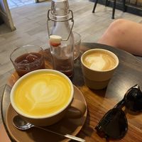 Flat white w/ oat, Turmeric latte w/ oat, ice tea   at Augusto Specialty Coffee Shop in Rovinj