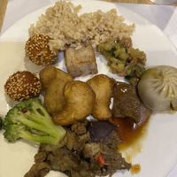 Sesame balls, brown rice, in the forest, taro cake, vegetable delight, shrimp, steak, eggplant dish  at SuTao Cafe in Malvern