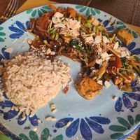 Brown rice with vegetables and tofu in soy sauce at re BiO in Rome