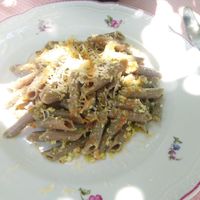 Buckwheat pasta with vegan cheese at Restaurant de l'hotel Florence in Bellagio