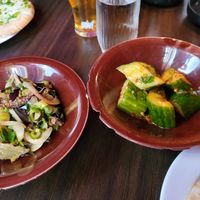 Garlic bread, aubergine salad, and courgettes at Habibi in Oslo