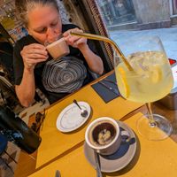 Oat milk latte, Americano and limoncello Spritz at Brunch Cafe in Venice