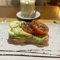 Vegan avocado toast and matcha latte with soy milkk  at Brunch Cafe in Venice