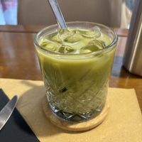 Cold matcha latte with oat milk  at Brunch Cafe in Venice