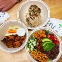 Buffalo Wings (Blackbird seitan), Chick’n Caesar Wrap, & healthy salad bowl  at NuLeaf in New York City