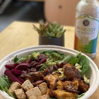Harvest bowl with added seitan chicken protein yummm at NuLeaf in New York City