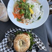  noodle bowl and veggie bagel no cream cheese, sub hummus  at 13th Ave Coffee House in Regina