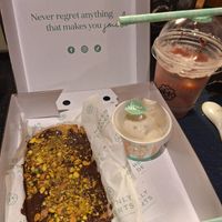Vegan cookie dough with dark chocolate, pistachios and vanilla gelato. Rose and lychee latte (oat milk).  at Heavenly Desserts in Leeds