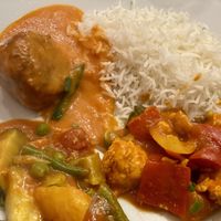 All vegan: Malai Kofta, Soy Tikka Masala, Vegetables Vindaloo & Basmati at Sampoorna Vegetarian Surprise in Mount Waverley