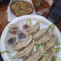 scallion pancake and steamed vegan dumplings at Stick To My Pot in New York City