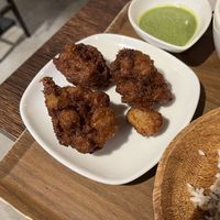 Soy pieces with basil sauce  at Plant Based Tokyo in Tokyo