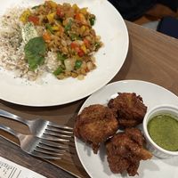 fried rice + fried chicken with basil sauce  at Plant Based Tokyo in Tokyo