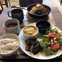4 sides meal with rice and soup, as well as bibimbap  at Plant Based Tokyo in Tokyo
