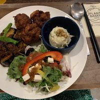 4 type set (with your choice of 2 main dishes)! I got soybean meat eggplant and fried soybean meat as my main dishes   at Plant Based Tokyo in Tokyo