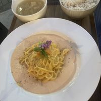 Uni cream pasta with soup and rice   at Plant Based Tokyo in Tokyo