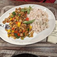 Soybean meat gapao rice at Plant Based Tokyo in Tokyo