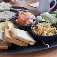 Ploughman's with four cashewnut cheeses at Little Green Refills in Abergavenny