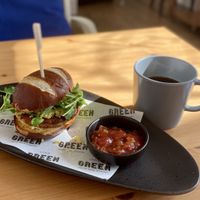 Plant-based sandwich with an americano  at Little Green Refills in Abergavenny