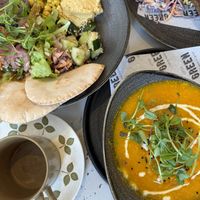 Carrot & cardamom soup, mixed salad and marmite and vegan cheese toasty  at Little Green Refills in Abergavenny