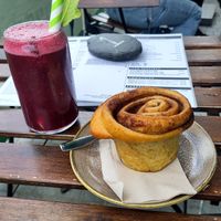 Berry Smoothie and Cinemon Bun at Little Green Refills in Abergavenny
