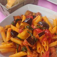 Vegan pasta with aubergines and courgettes! Honestly the best pasta ever :) at Bar Il Gabbiano in Capri