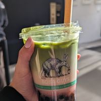 Strawberry matcha latte with oat milk and boba at Boba Guys - Fillmore in San Francisco
