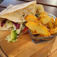 Great seitan 'chicken' wrap with wedges at Vegitalian in Salzburg