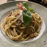 Spaghetti with almond cream and Zucchini and tomatos  at Idem Con Patate in Turin
