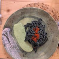 Cuttlefish pasta with caviar at Idem Con Patate in Turin