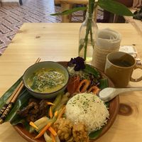 Main dish including soup, rice, four toppings and tea  at Casa Jasmine in San Cristobal De Las Casas