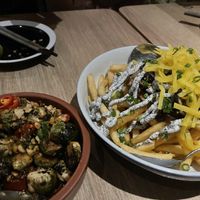Truffle fries and brussel sprouts (vegan versions requested)  at Little Bao Diner in Hong Kong Island