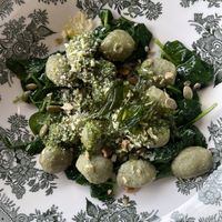 Spinach Gnocchi - Wilted spinach, cashew, lemon & parsley pesto, toasted pumpkin seeds  at Ashmolean Rooftop Restaurant in Oxford